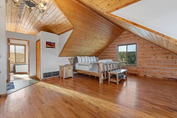 Log cabin on a canyon, panoramic hills, 3 levels